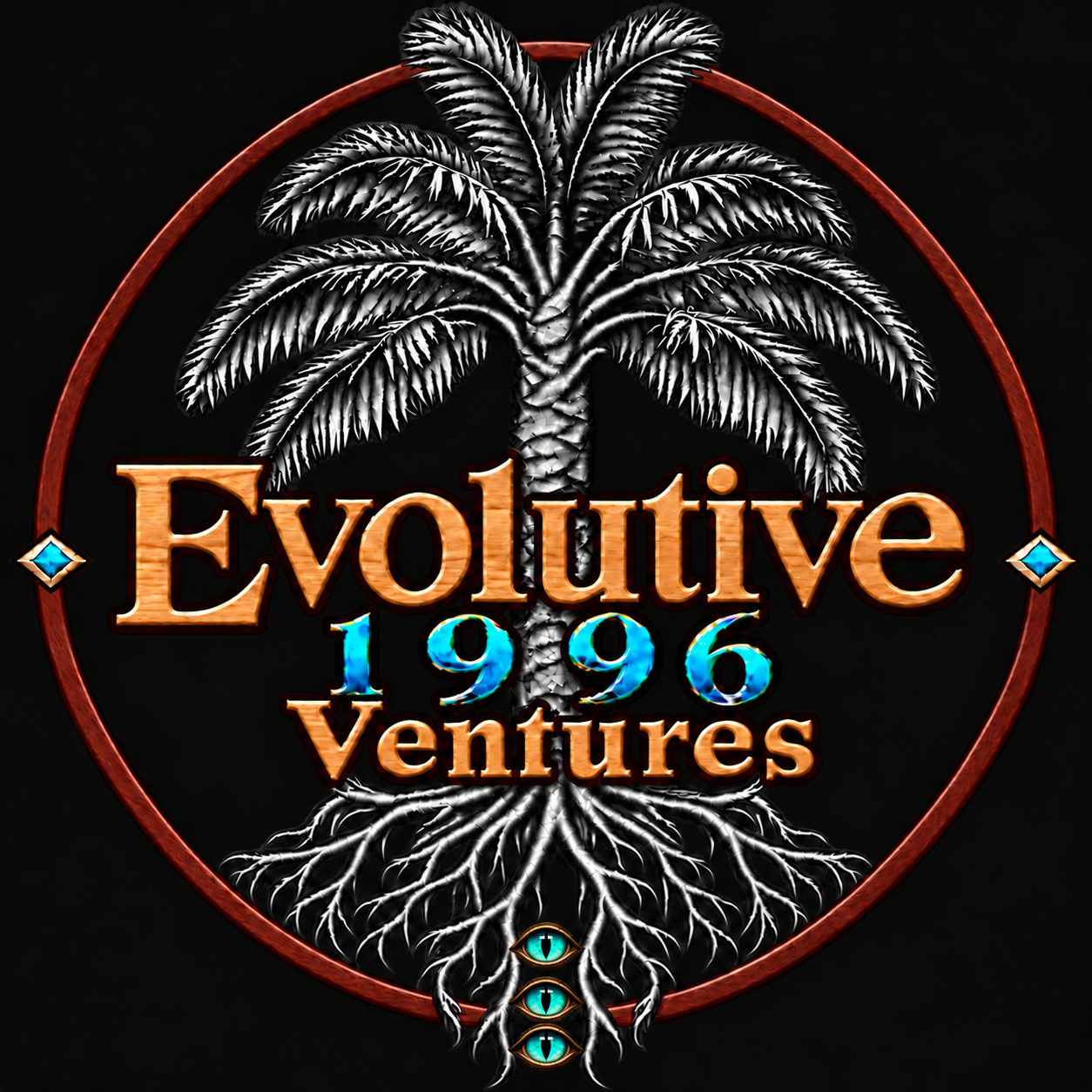 Evolutive 1996 Ventures palm tree emblem with three turquoise cat eyes